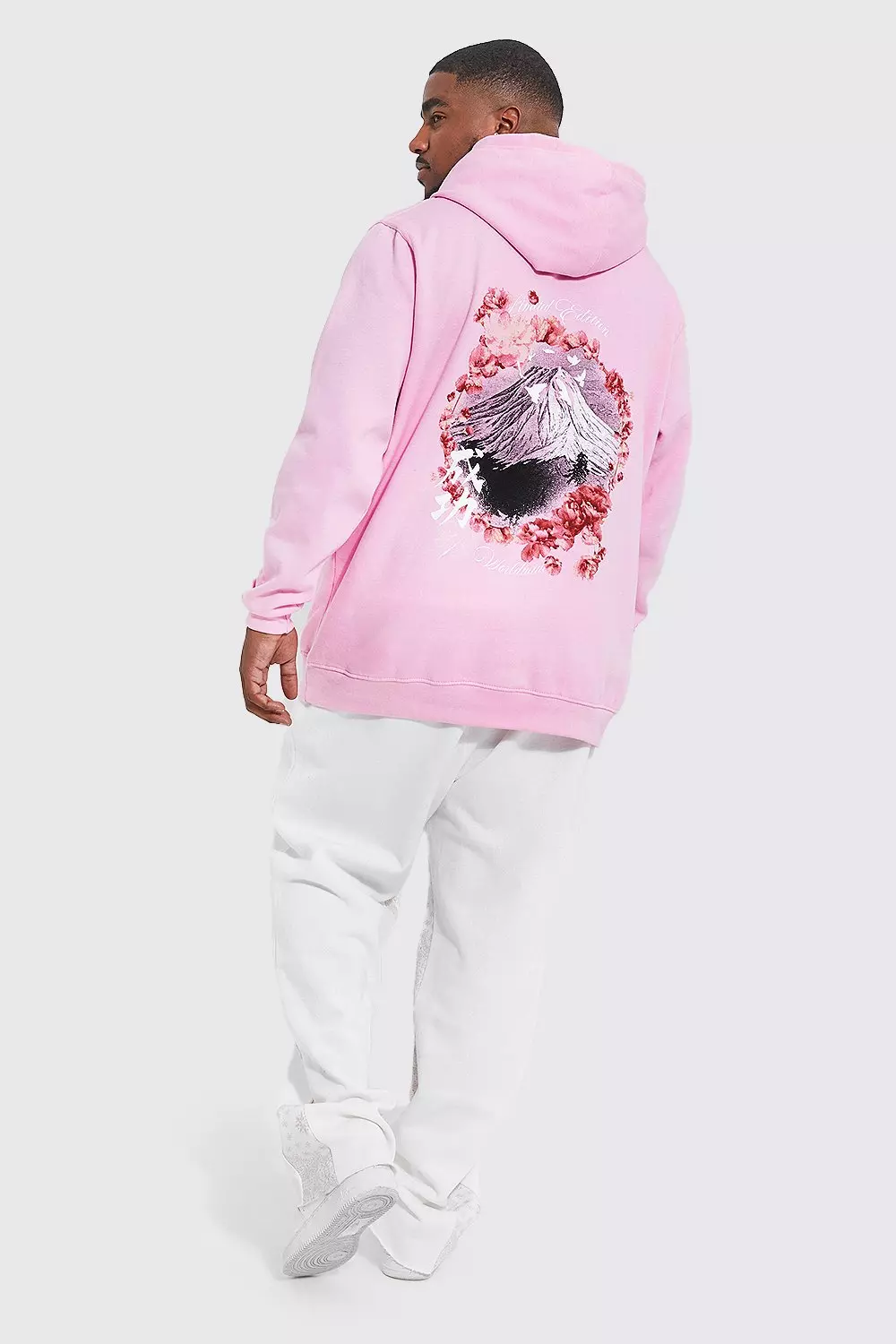 Plus Cherry Blossom Fuji Back Print Hoodie boohooMAN USA